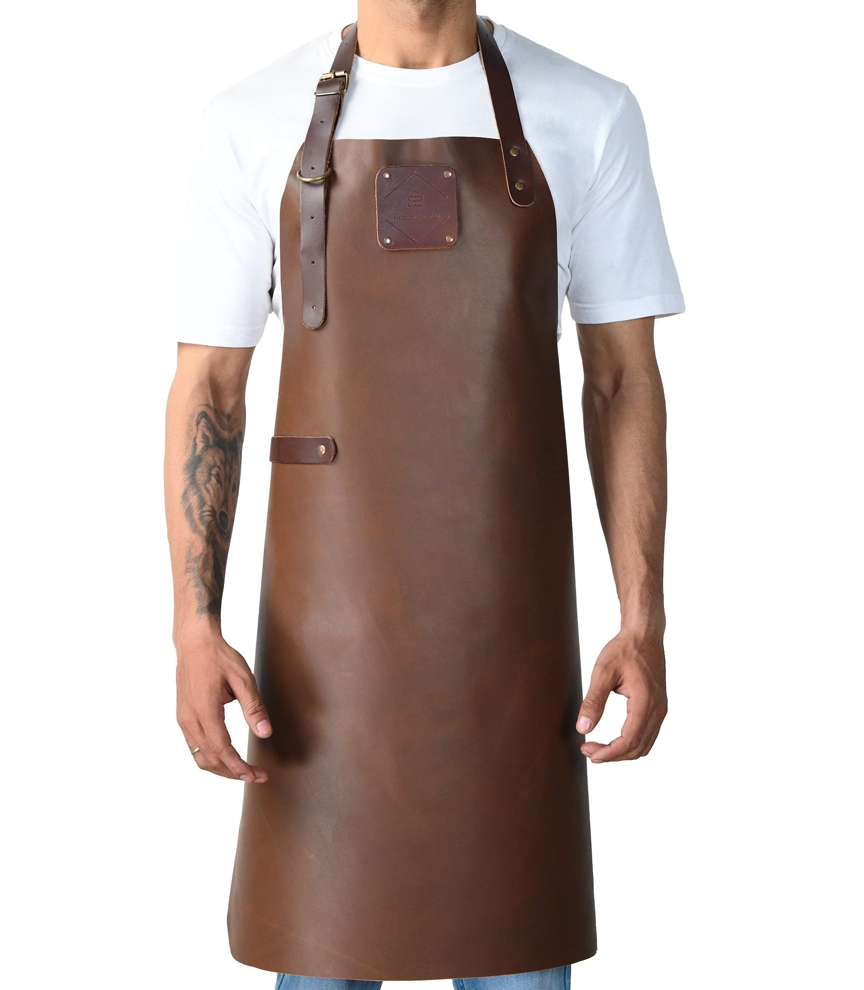 Full-length brown leather apron designed for craftsmen and artisans