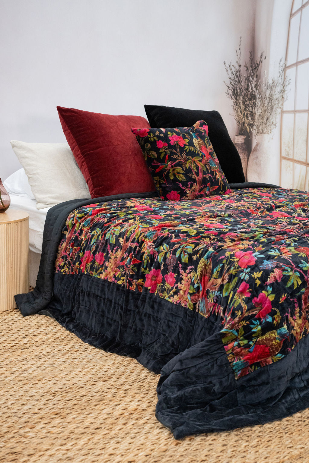 Velvet Garden Bird quilt with bold floral and bird design