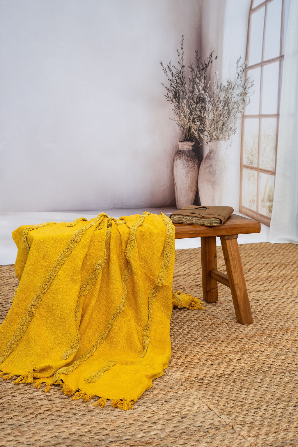 Mustard cotton throw blanket for cozy bedroom decor