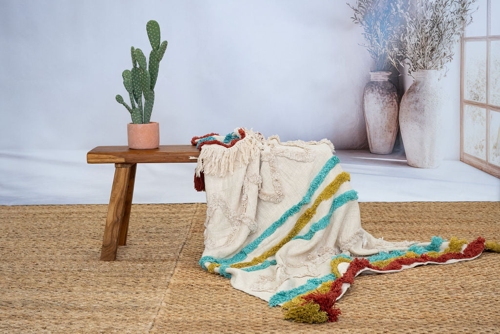 Boho textured cotton throw blanket with tassel edges