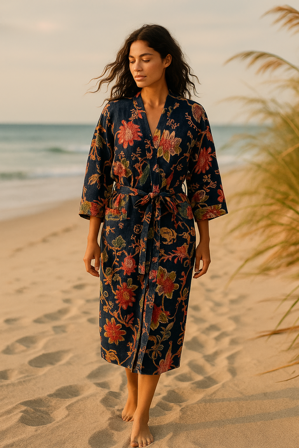 Floral navy kimono robe made from waffle cotton