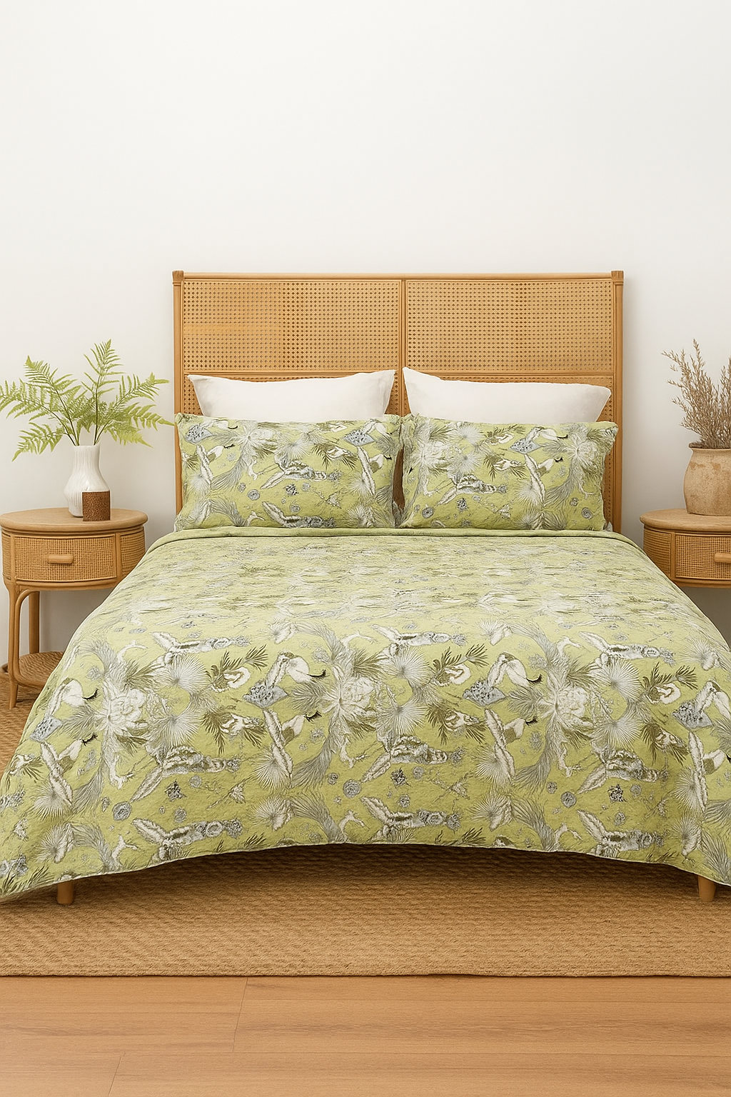 Nature-inspired green botanical print cotton quilt with reversible design