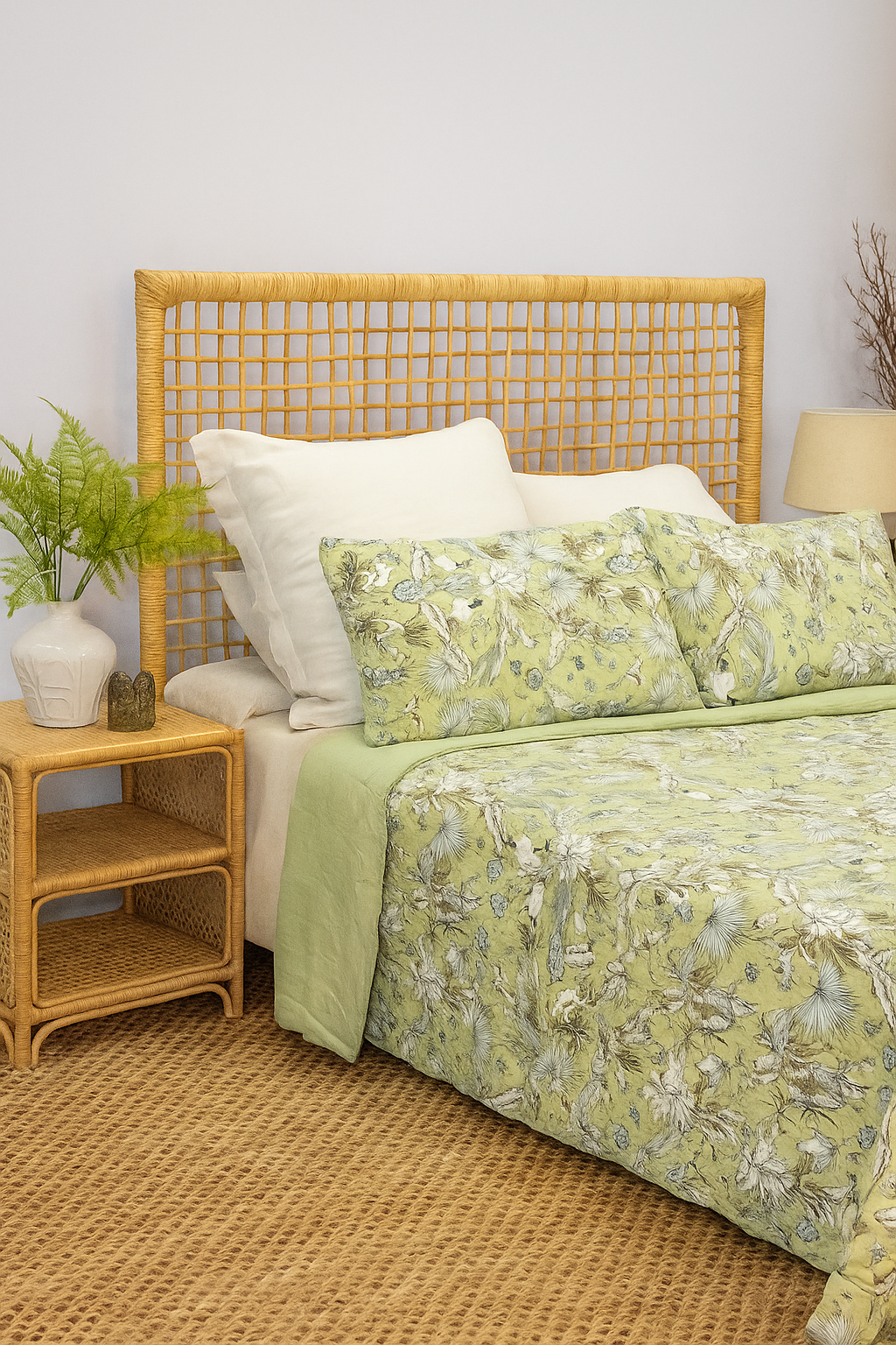 Reversible green botanical cotton quilt for Queen and King beds