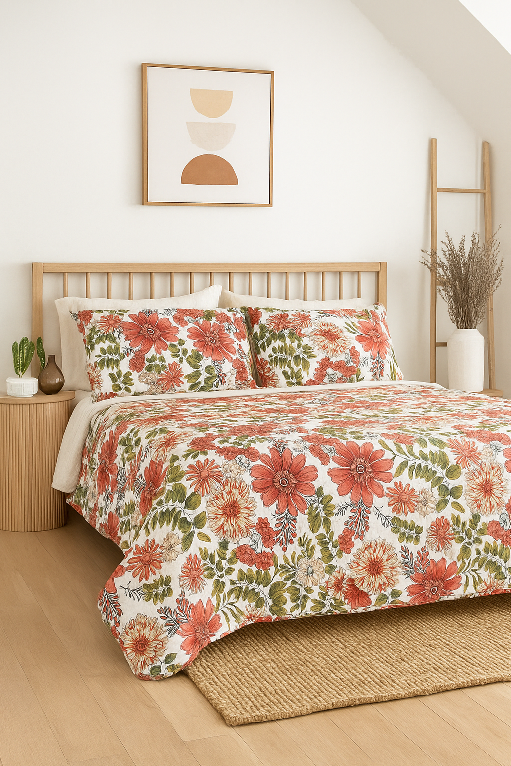 Handcrafted Coral Floral Cotton Quilt for King Size Bed