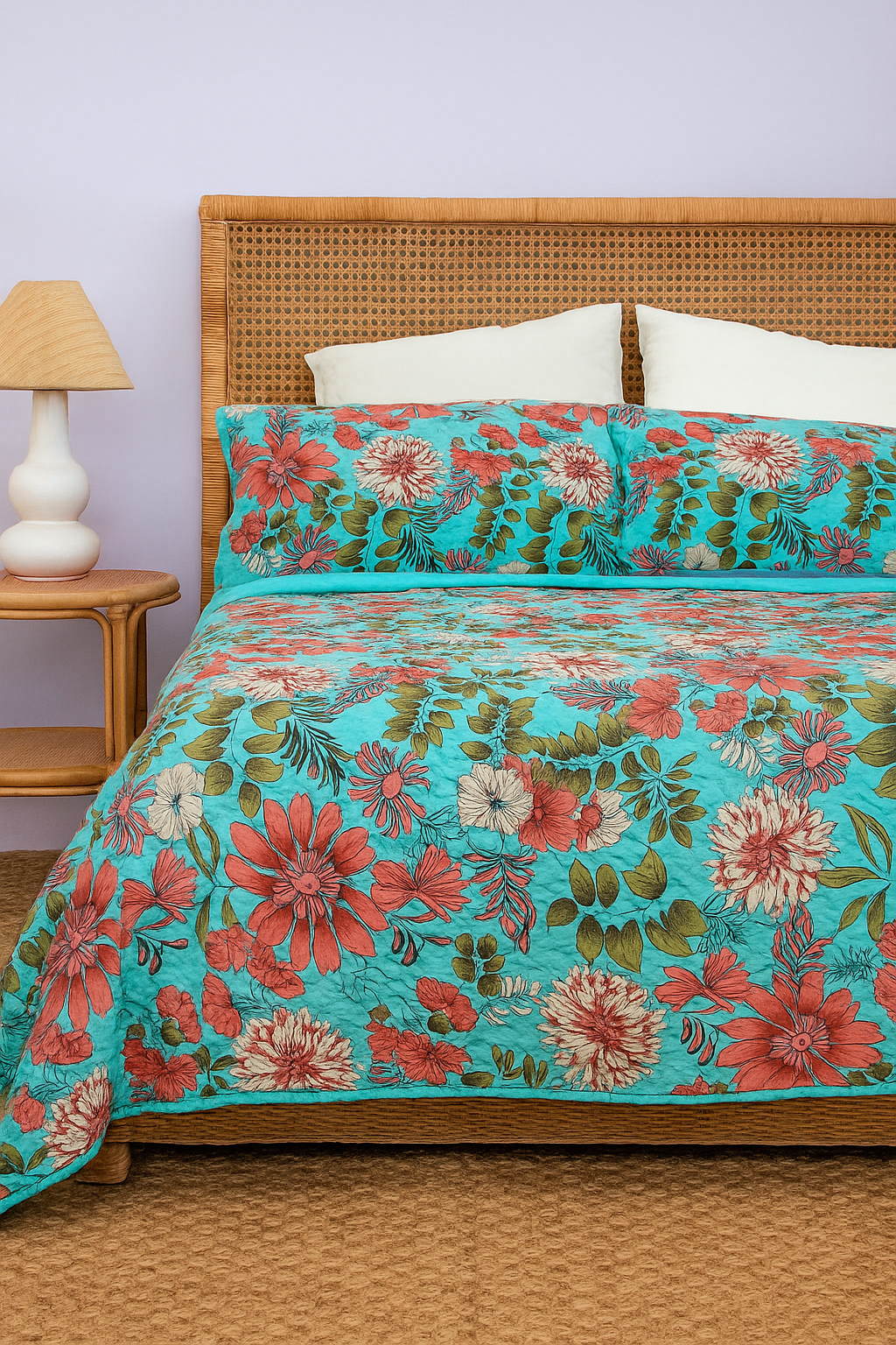 Turquoise Floral Cotton Bedspread Set by Craftluxe