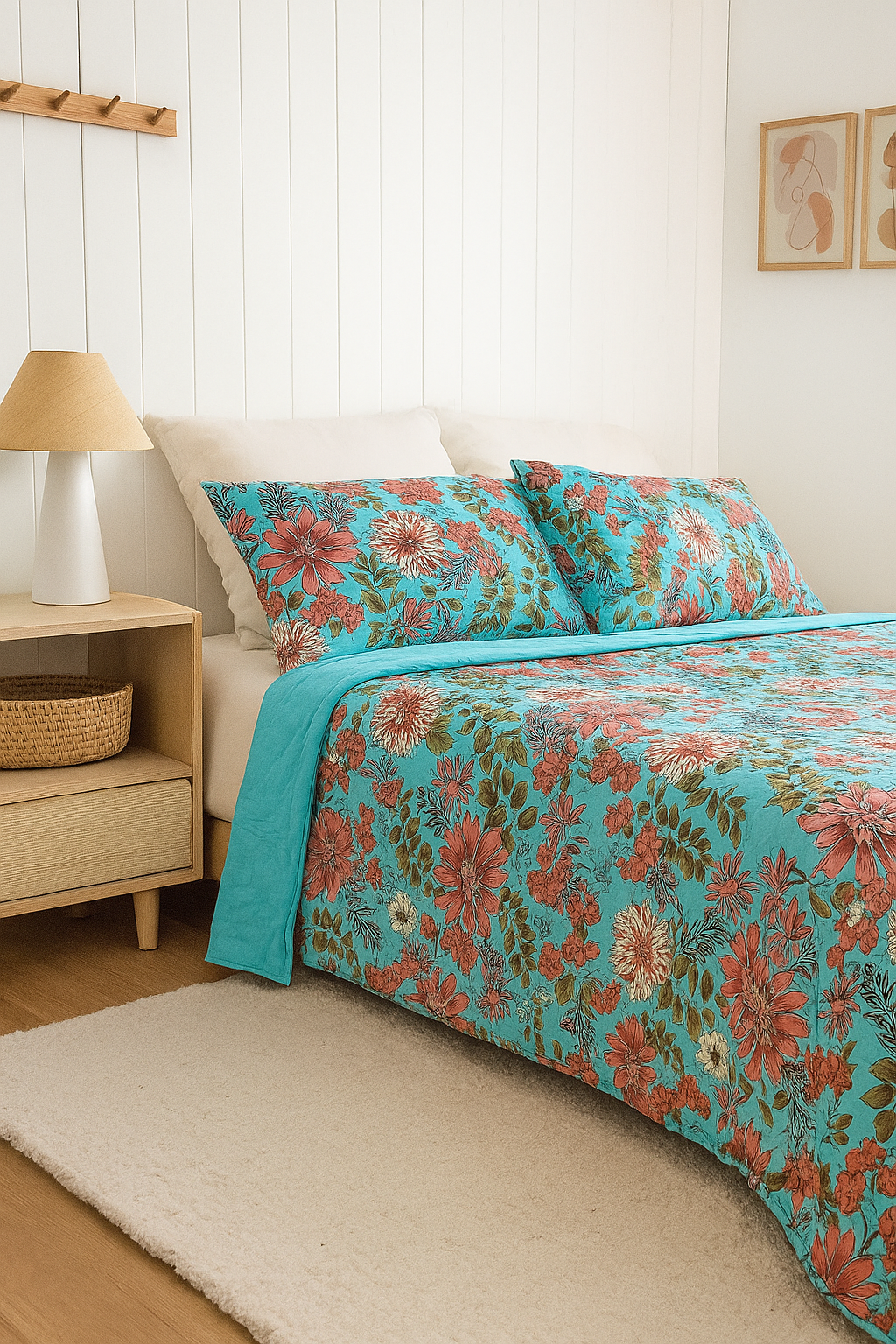 Hand-Quilted Turquoise Bloom King Size Bedspread