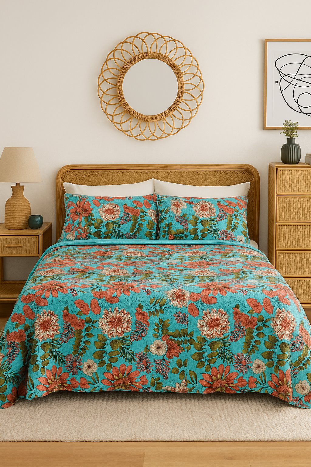 Handcrafted Turquoise Floral Cotton Quilt Bedspread Set