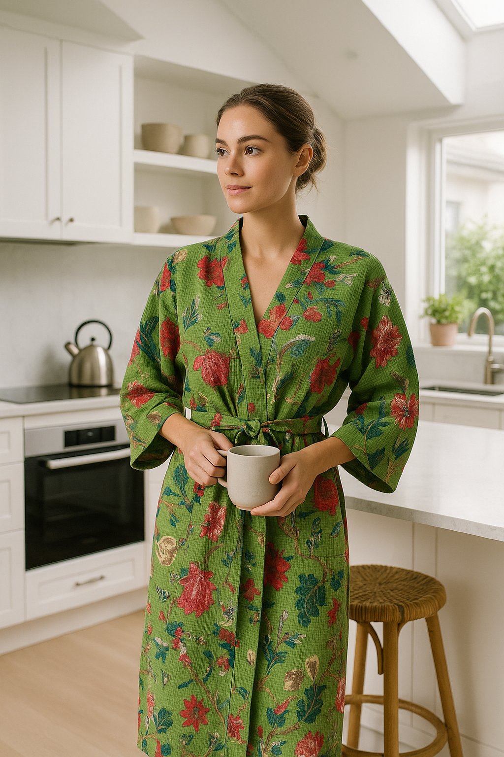 Green Floral Waffle Cotton Kimono Robe by Craftluxe