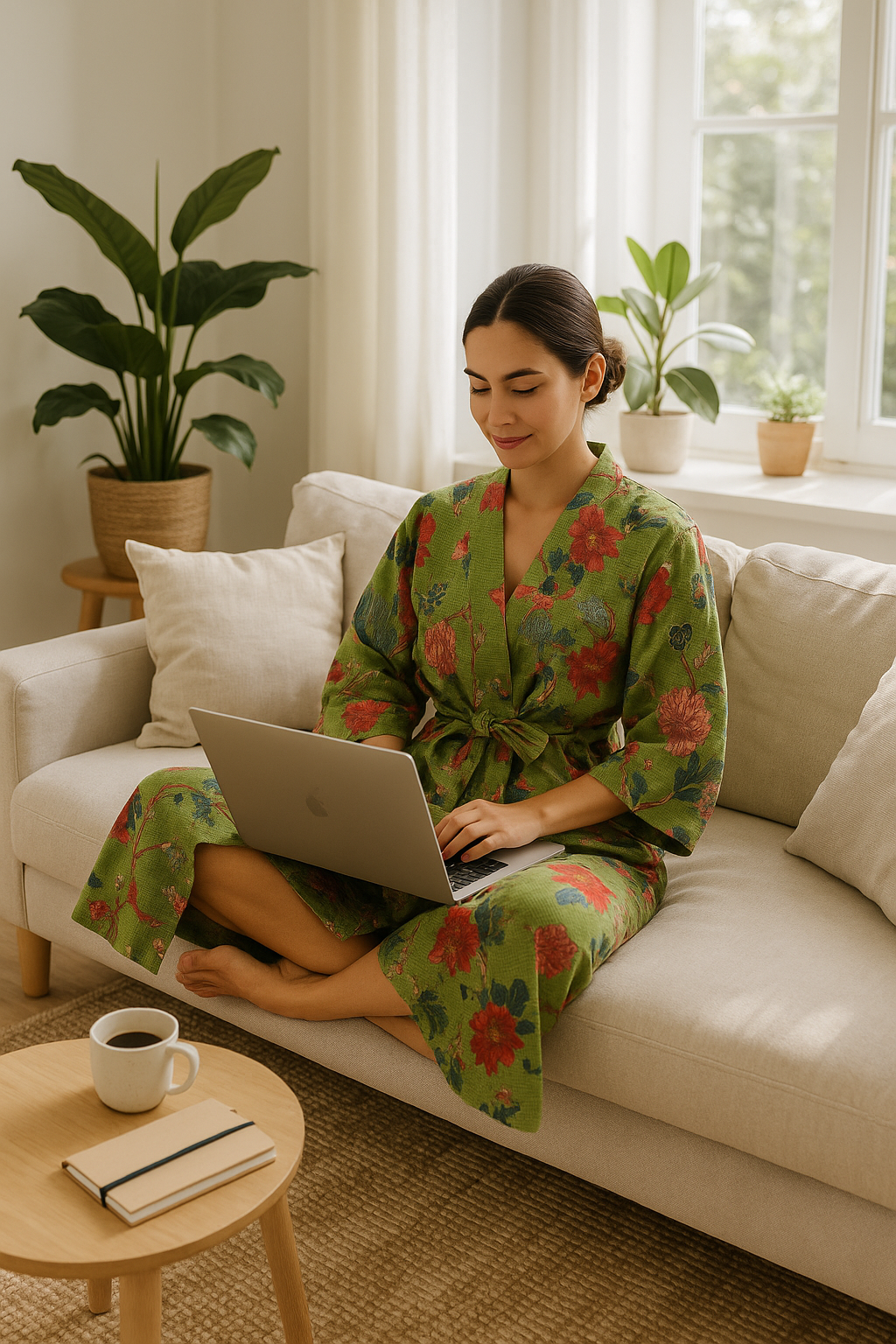 Cotton Waffle Kimono Robe with Green Floral Print