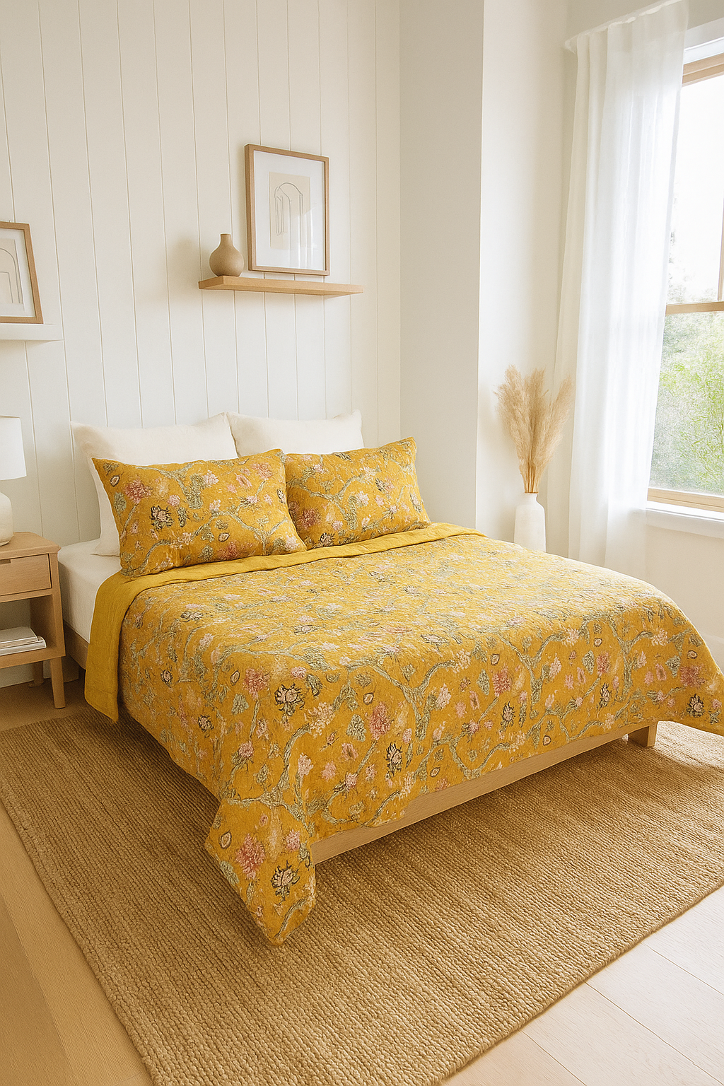 Mustard Floral Cotton Quilt Set for Vintage Bedroom Decor