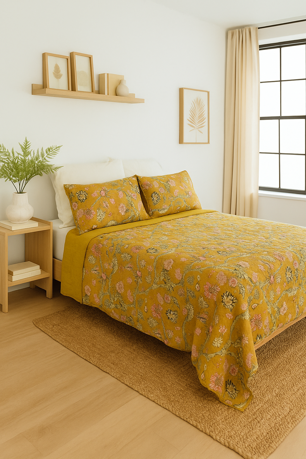 Vintage Mustard Floral Cotton Quilt Set 210x250cm by Craftluxe