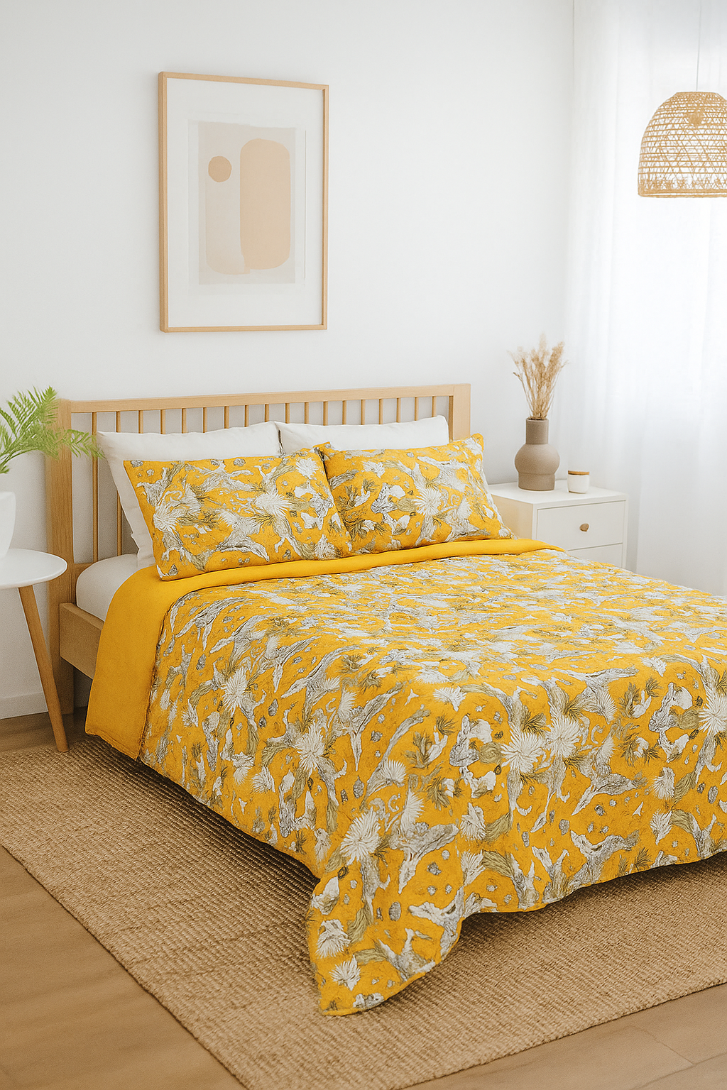 Golden Bloom Bird Print Cotton Quilt Set 210x250cm by Craftluxe