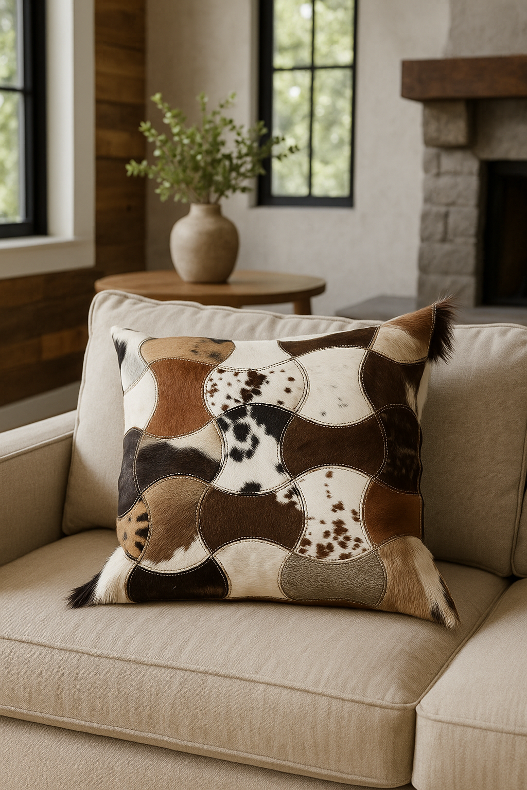 Rustic Cowhide Patchwork Leather Pillow Cover for Living Room