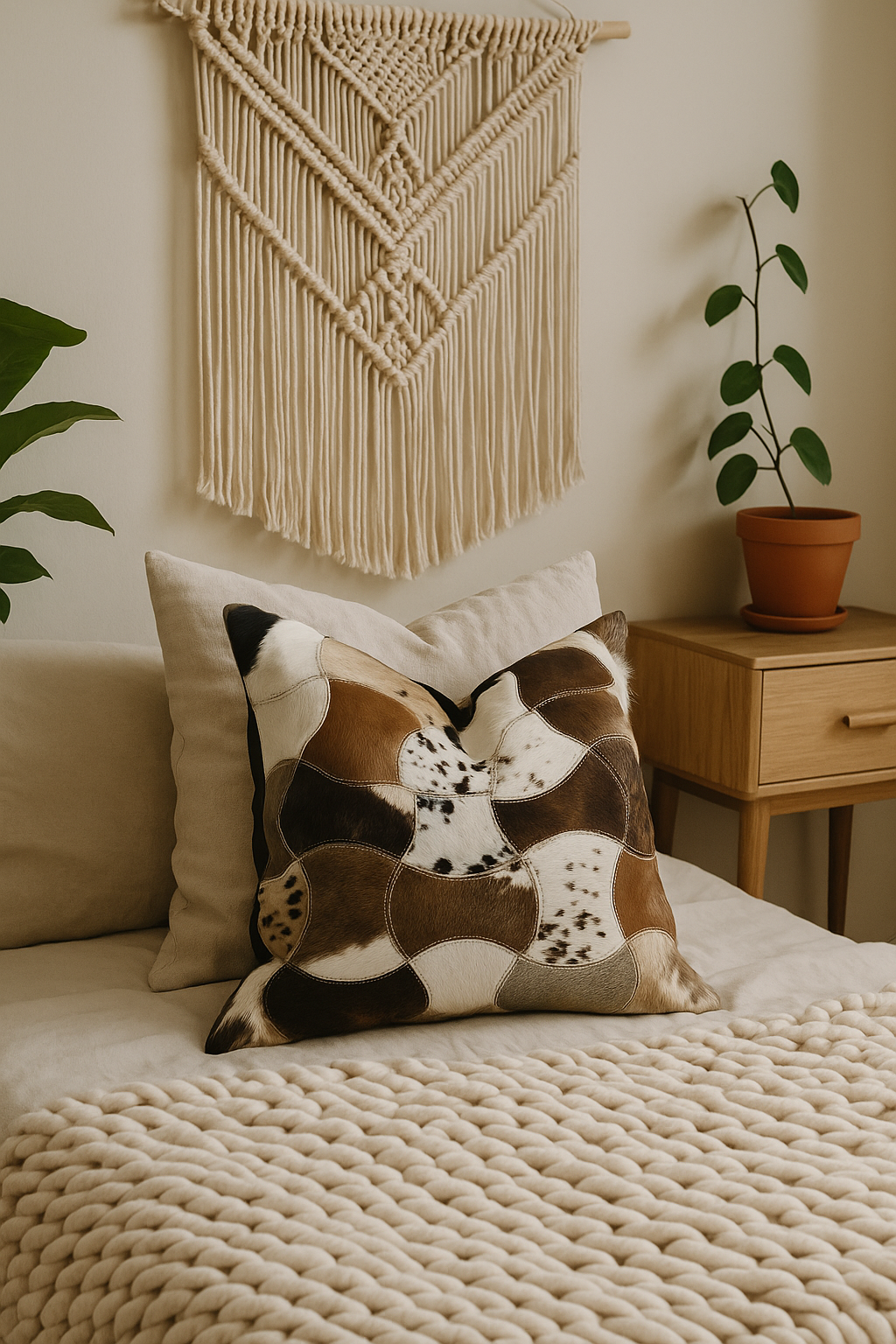 Craftluxe Cowhide Patchwork Cushion Cover with Natural Leather Texture