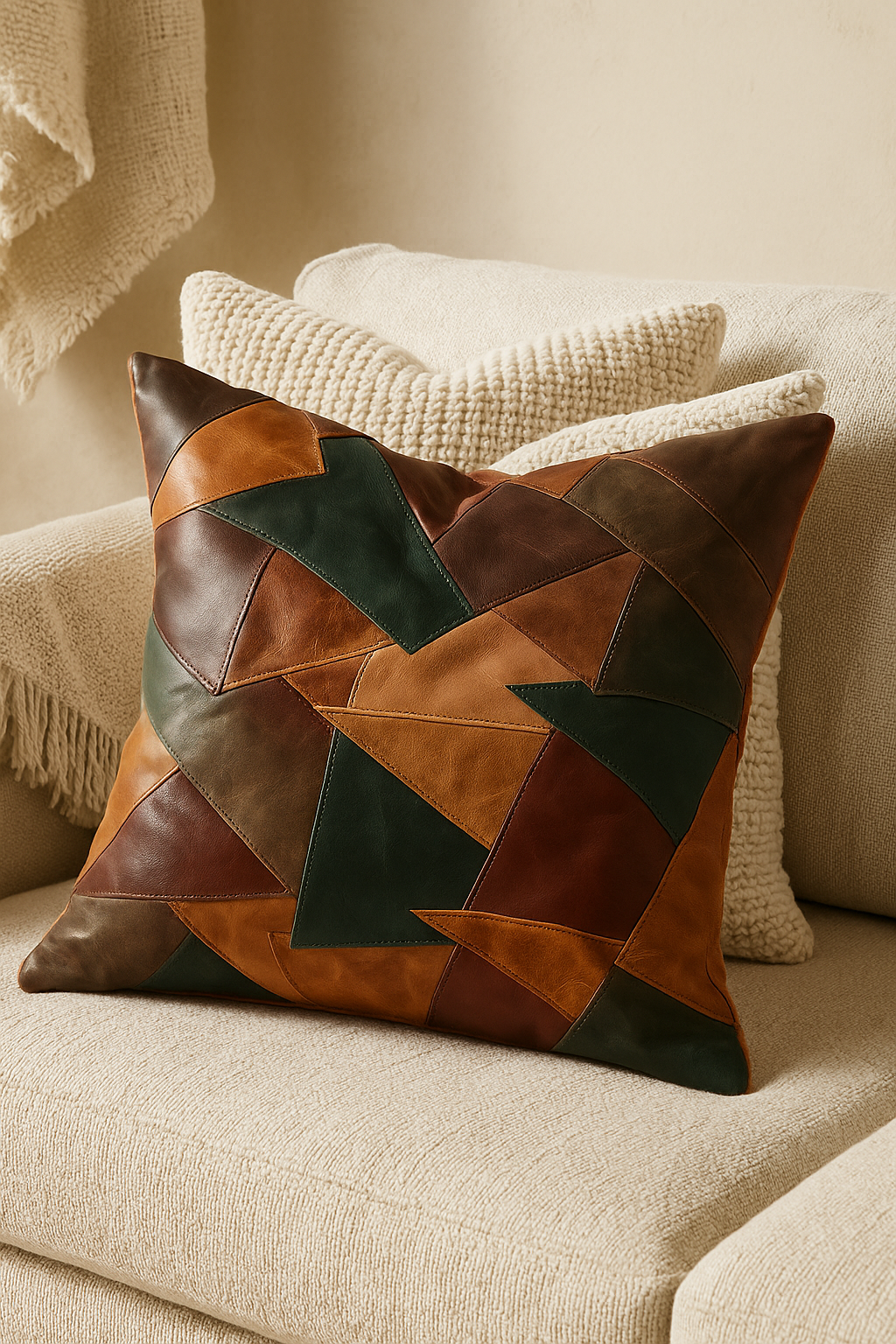 Modern Rustic Leather Patchwork Cushion Cover in Earth Tones