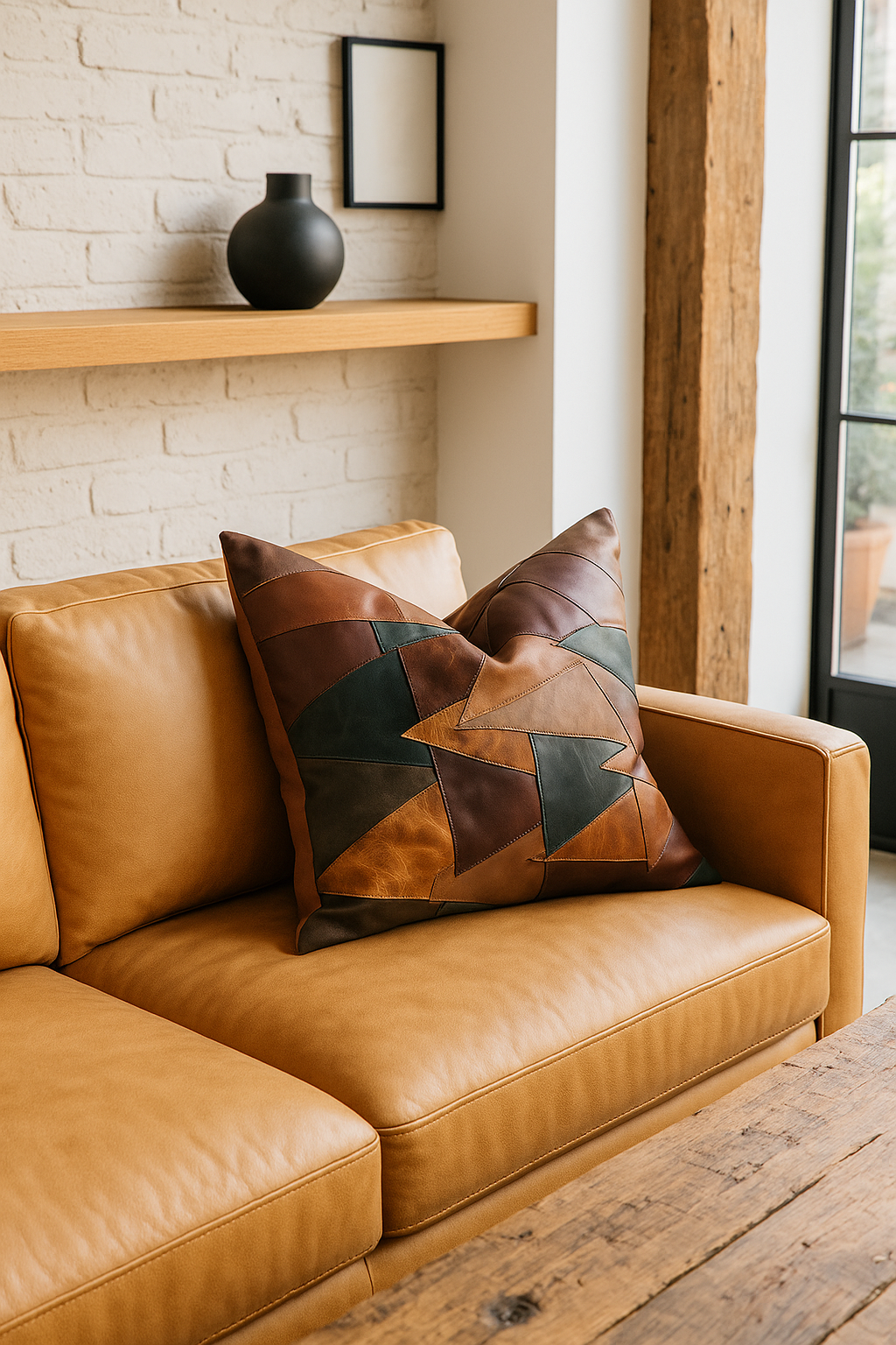 Earth Tone Leather Patchwork Cushion Cover by Craftluxe