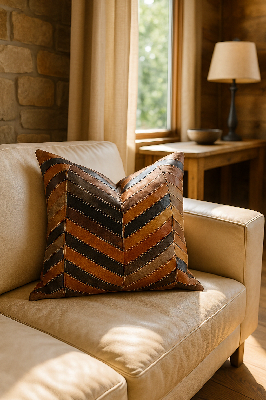 Textured leather chevron accent pillow for sofa