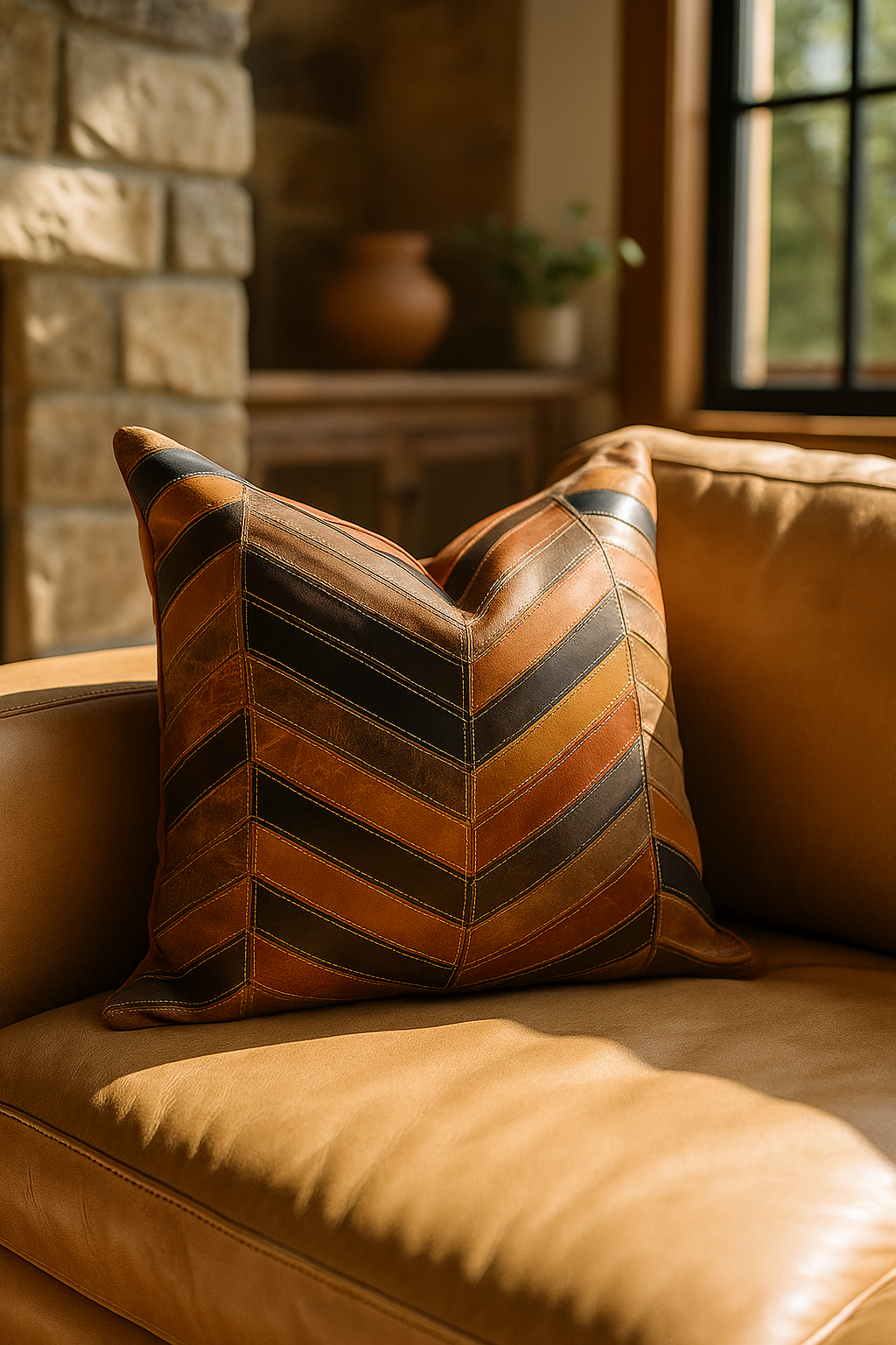 Chevron patch leather cushion with textured design
