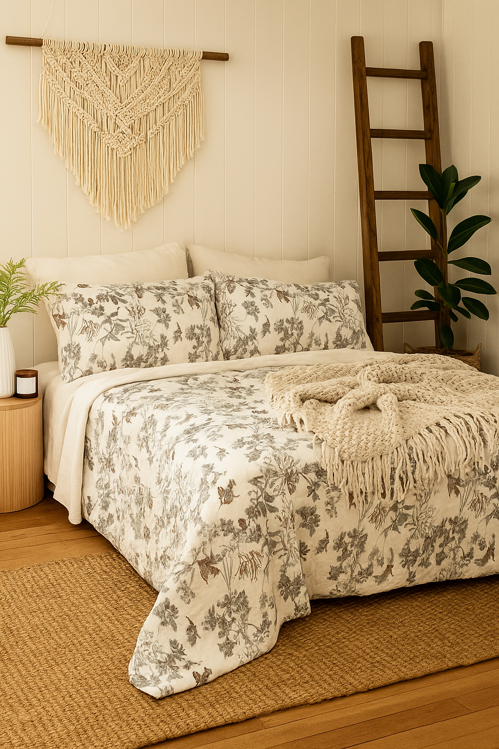Nature Inspired Cotton Quilt with Eucalyptus Florals and Birds