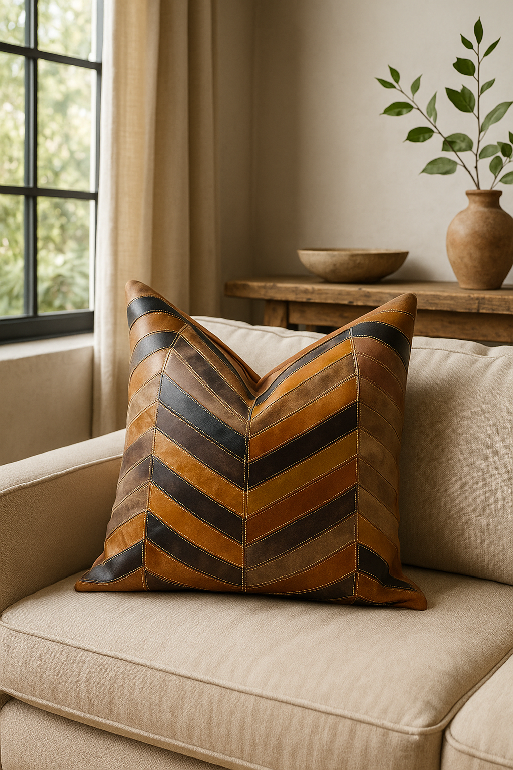 Chevron leather patchwork cushion for rustic home decor