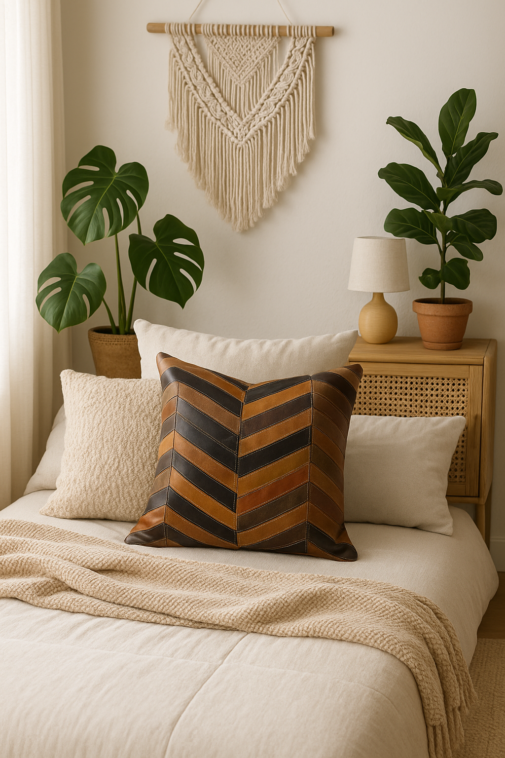 Artisan leather cushion with chevron patch pattern