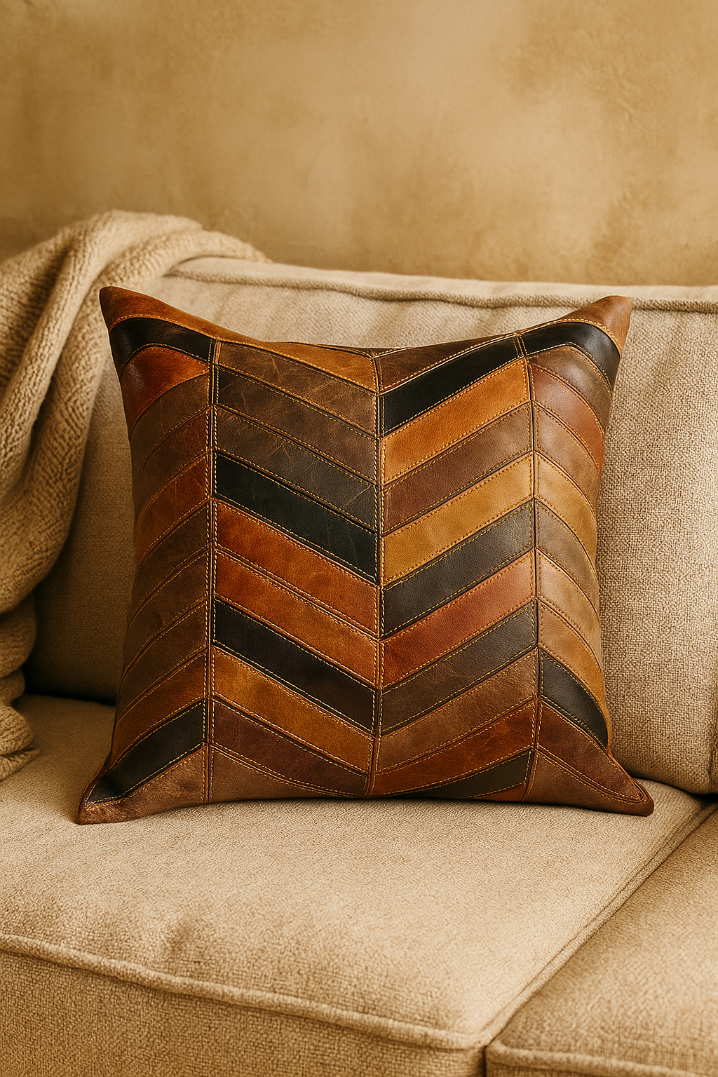 Decorative textured leather pillow for boho interiors