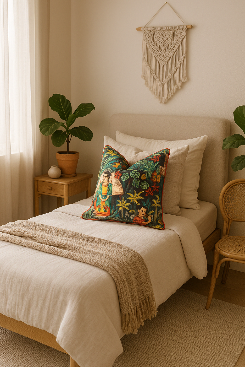 Botanical jungle art cotton cushion cover in sophisticated dark grey