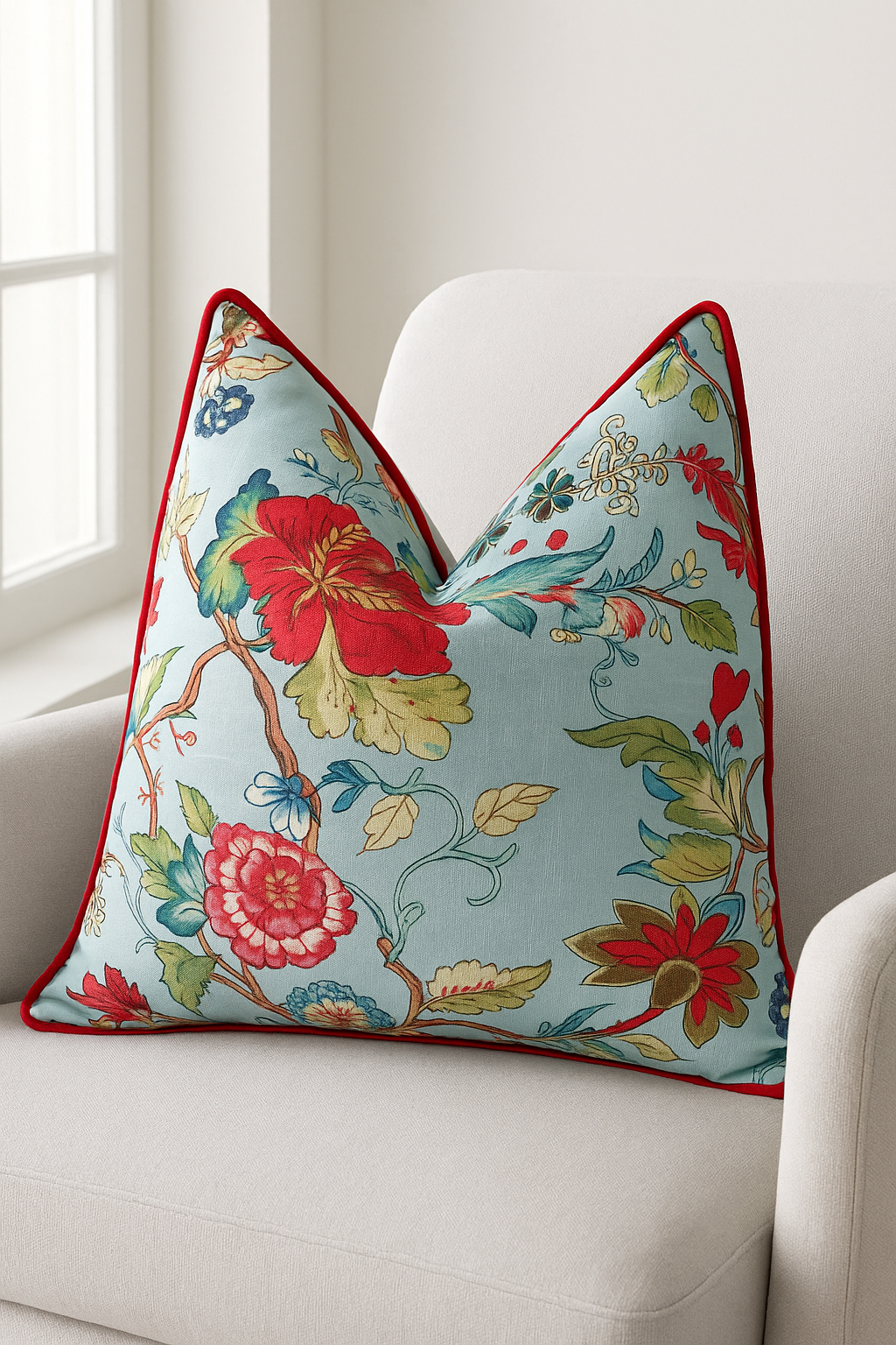 Vintage blue floral 100% cotton cushion cover in sky blue