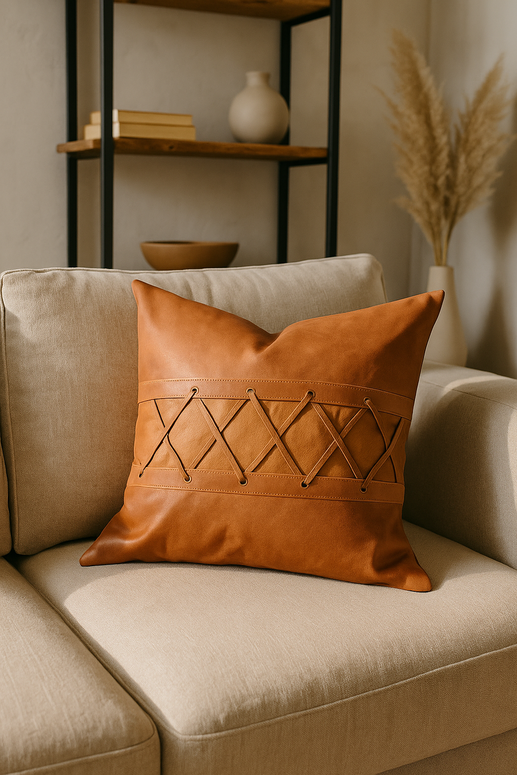 Artisanal tan leather pillow for boho home decor