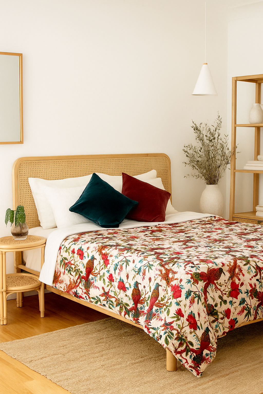 Artisan Block Print Tropical Birds Velvet Quilt for Bedroom