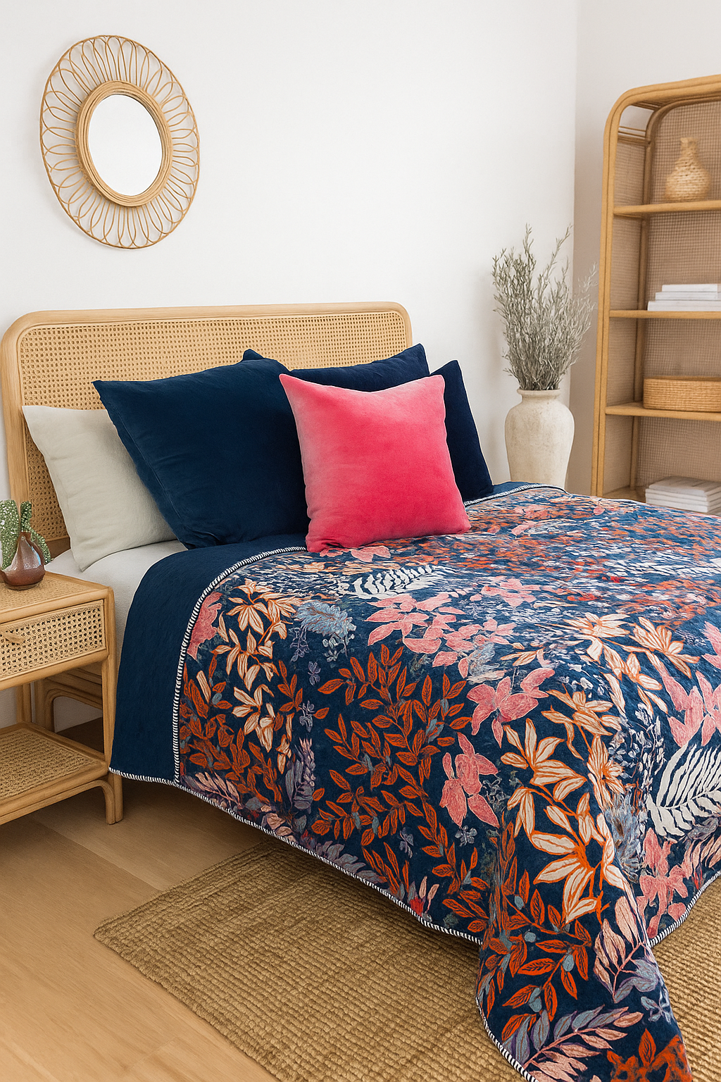 Multi-colour bird and floral embroidered velvet quilt for bedroom