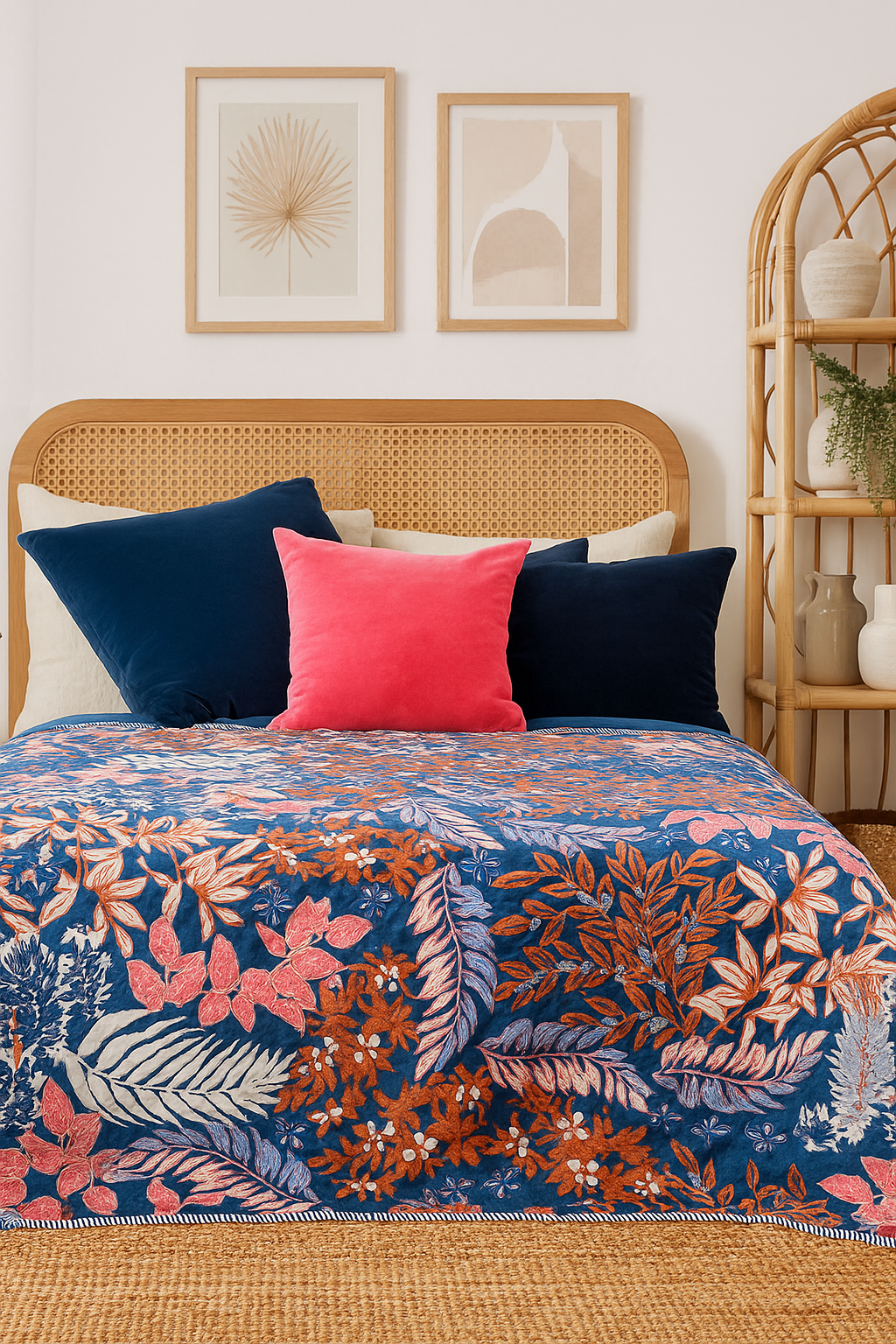 Tropical bird and floral pattern velvet quilt in vibrant colours