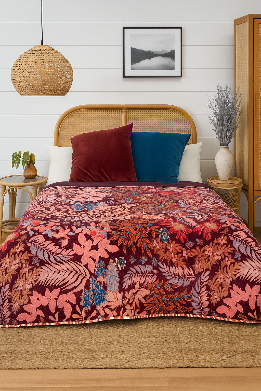 Rust and wine floral embroidered cotton velvet quilt for bedroom