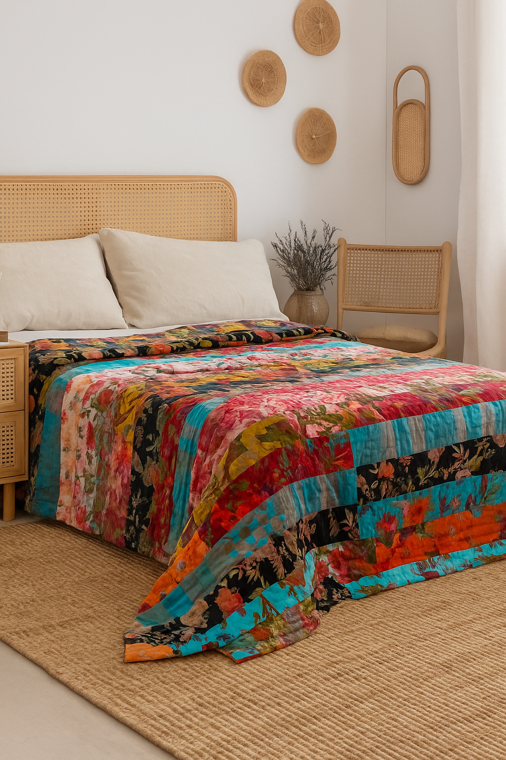 Handcrafted patchwork velvet quilt for boho bedding