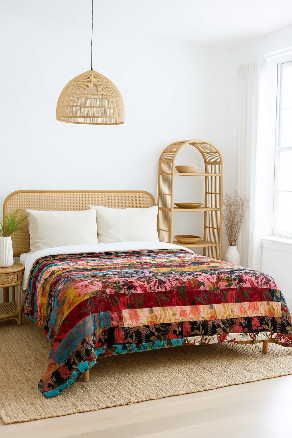 Decorative upcycled velvet quilt for boho interiors