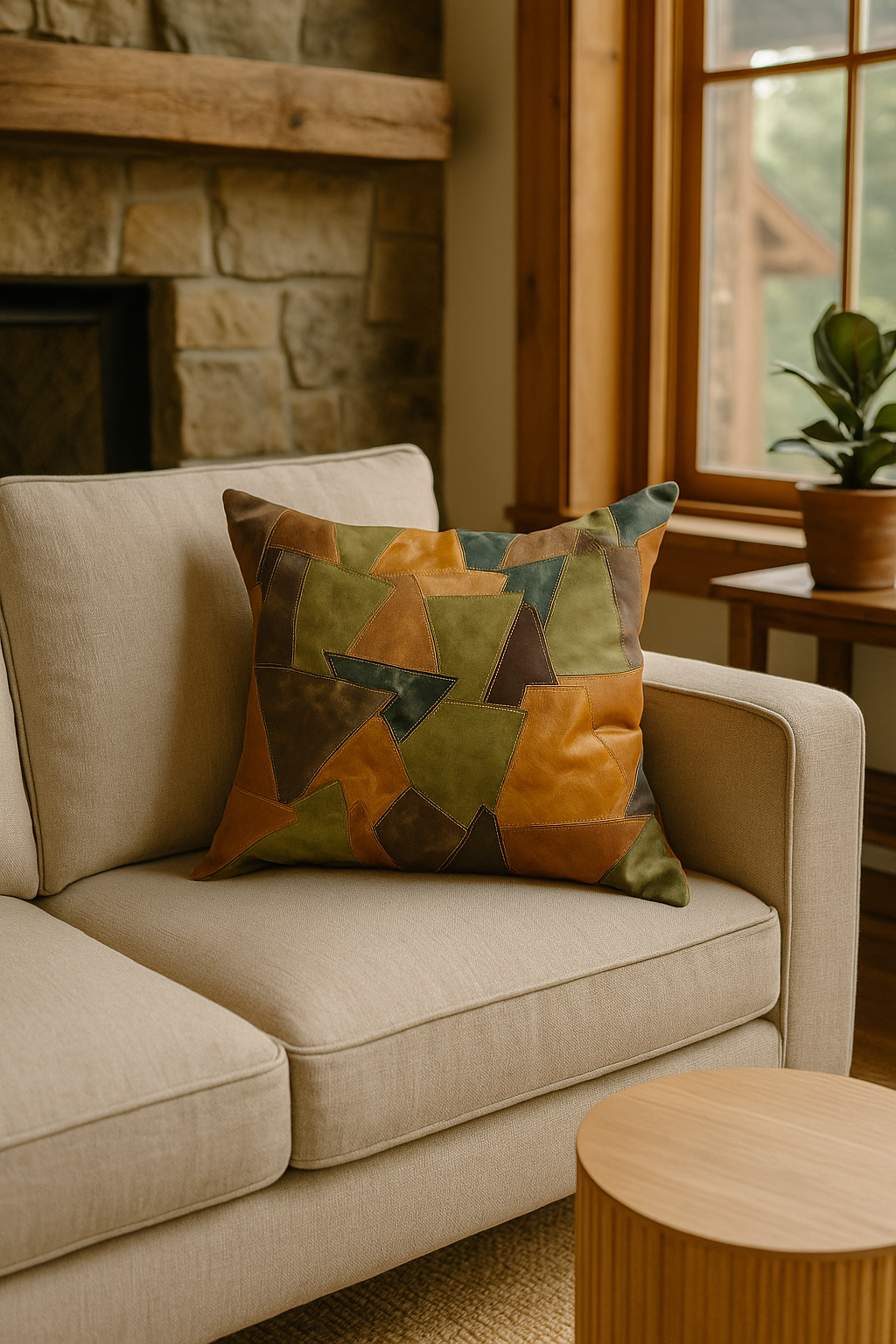 Handcrafted earth tone leather accent cushion for home decor