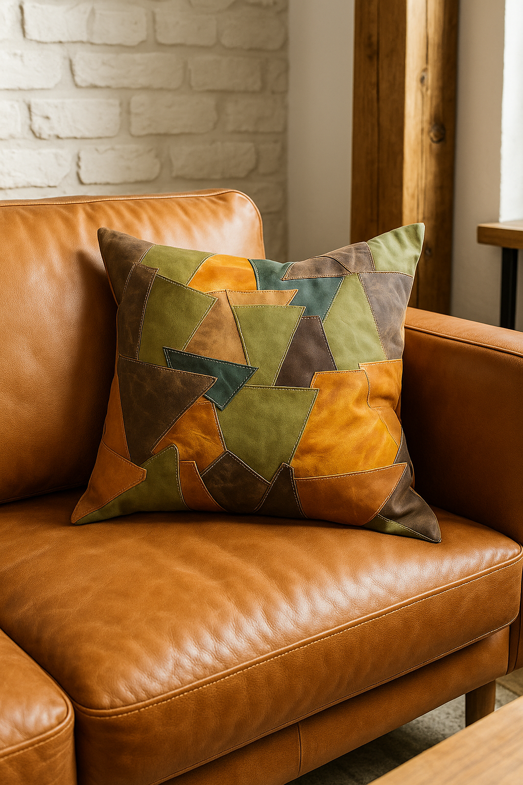 Earth tone handmade leather patchwork cushion cover