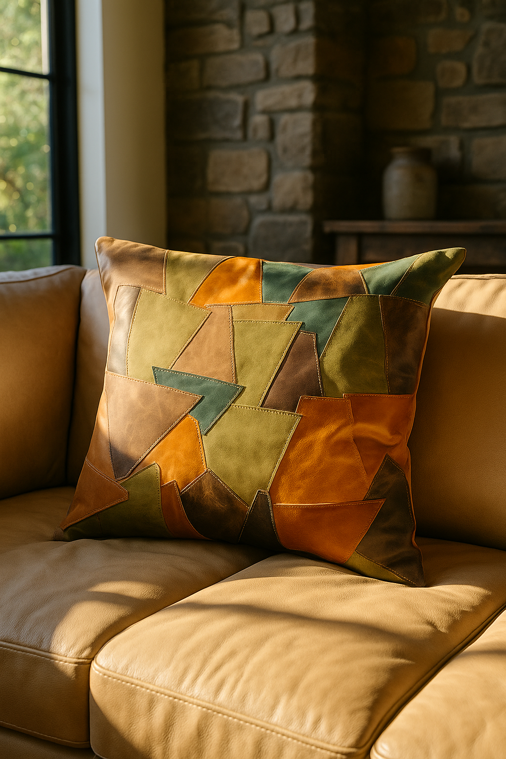Rustic patchwork leather cushion cover handmade 60x60cm