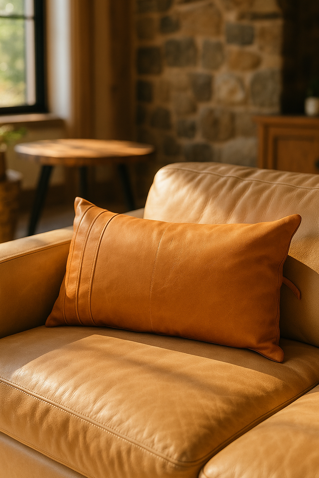 Tan leather lumbar cushion cover with handcrafted boho design