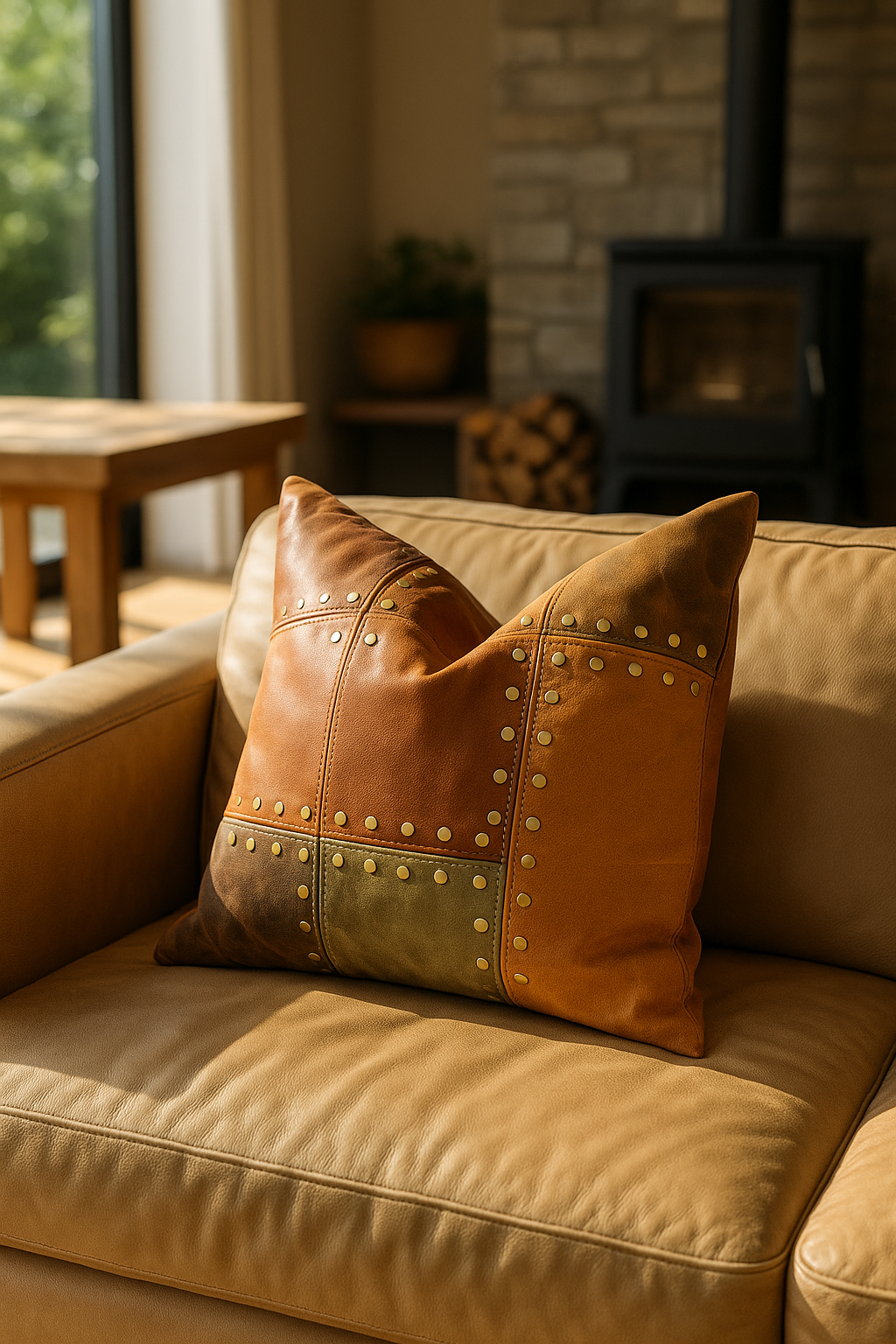 Tan and olive patchwork leather decorative cushion