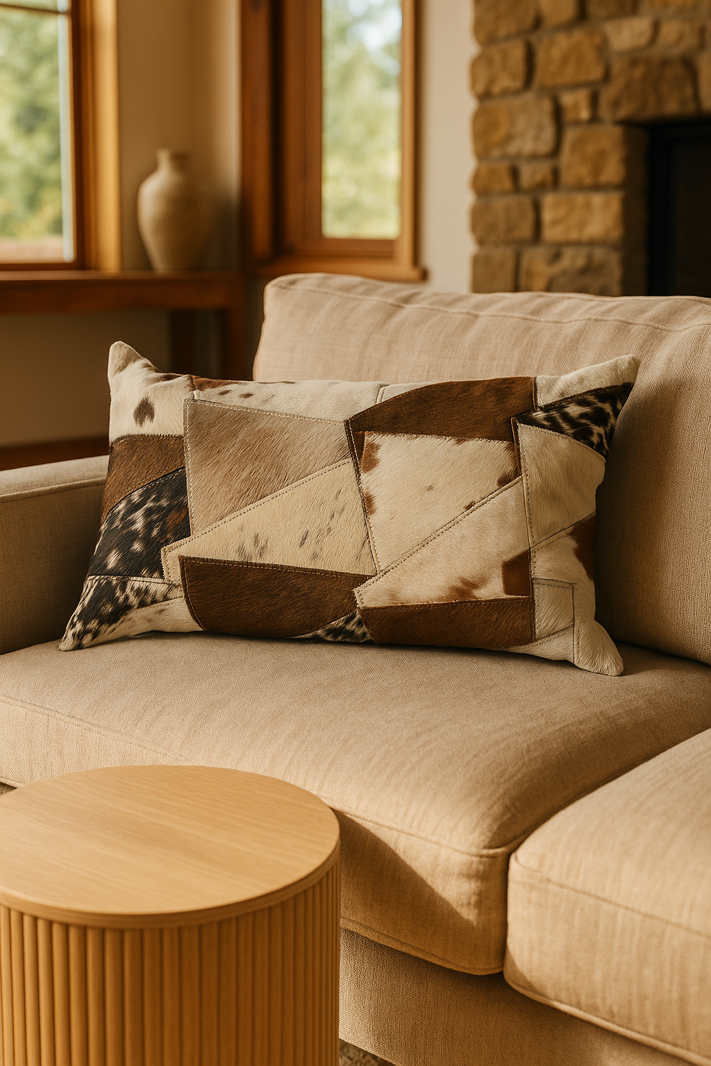 Cowhide patchwork leather lumbar pillow for sofa