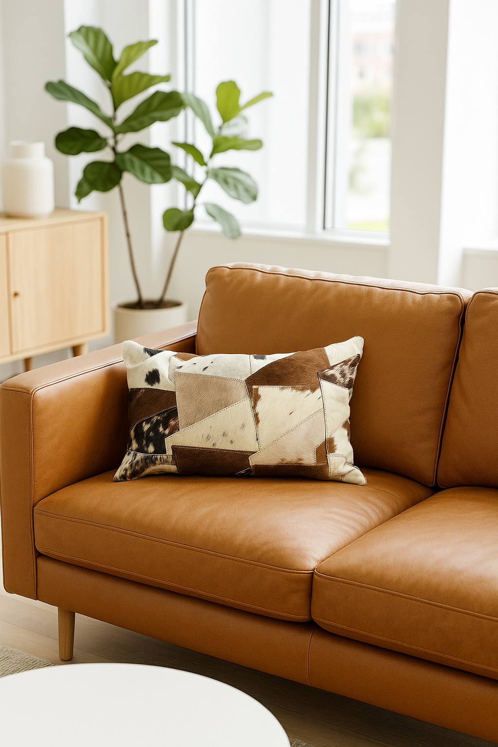 Rustic cowhide cushion with leather patchwork design