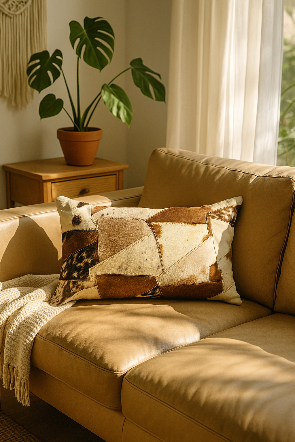 Cowhide lumbar accent pillow for rustic home decor