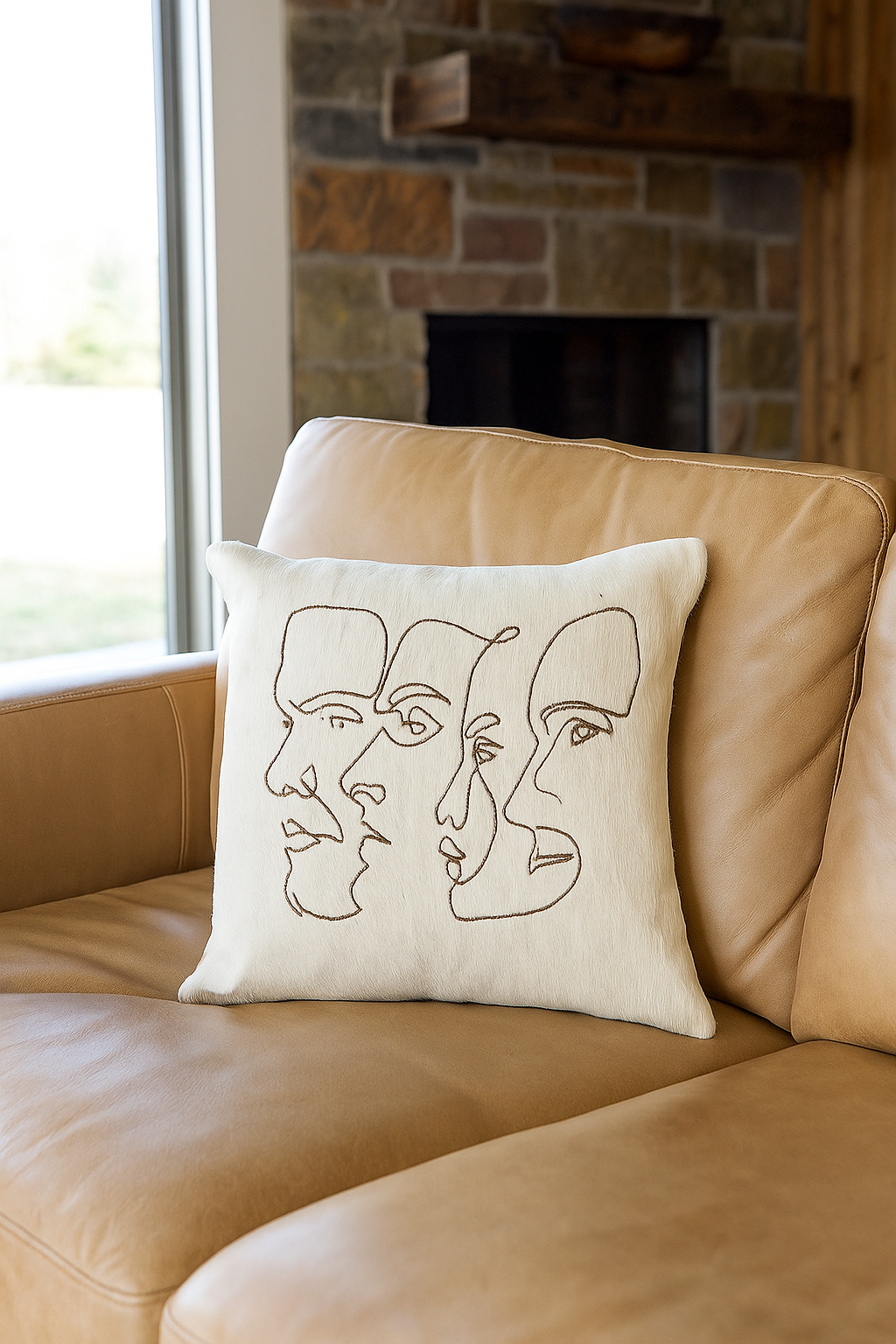Abstract face cowhide leather cushion handmade cover