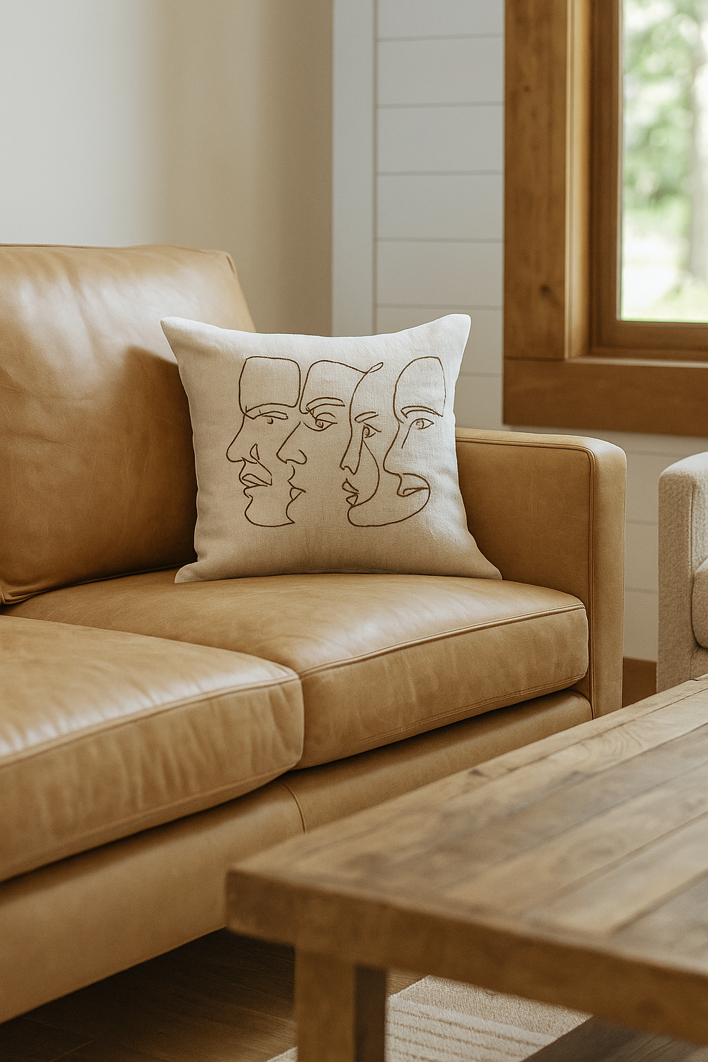 Handmade cowhide leather cushion with abstract face design