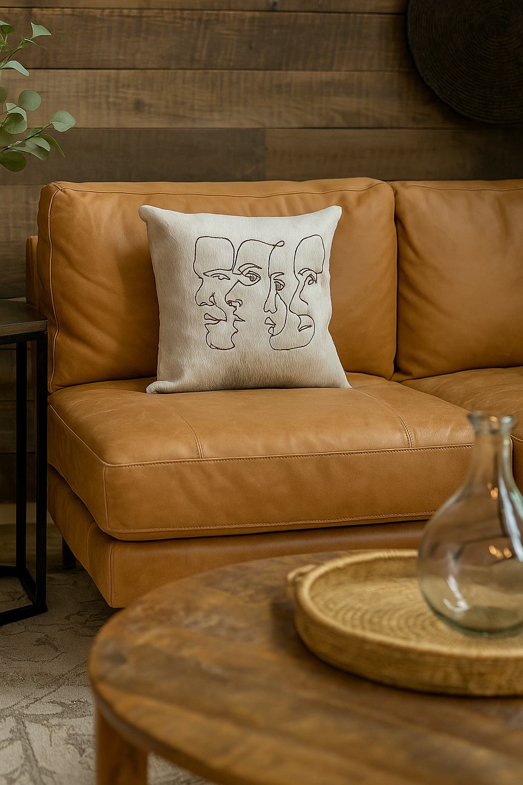 Abstract face leather decorative cushion for home decor