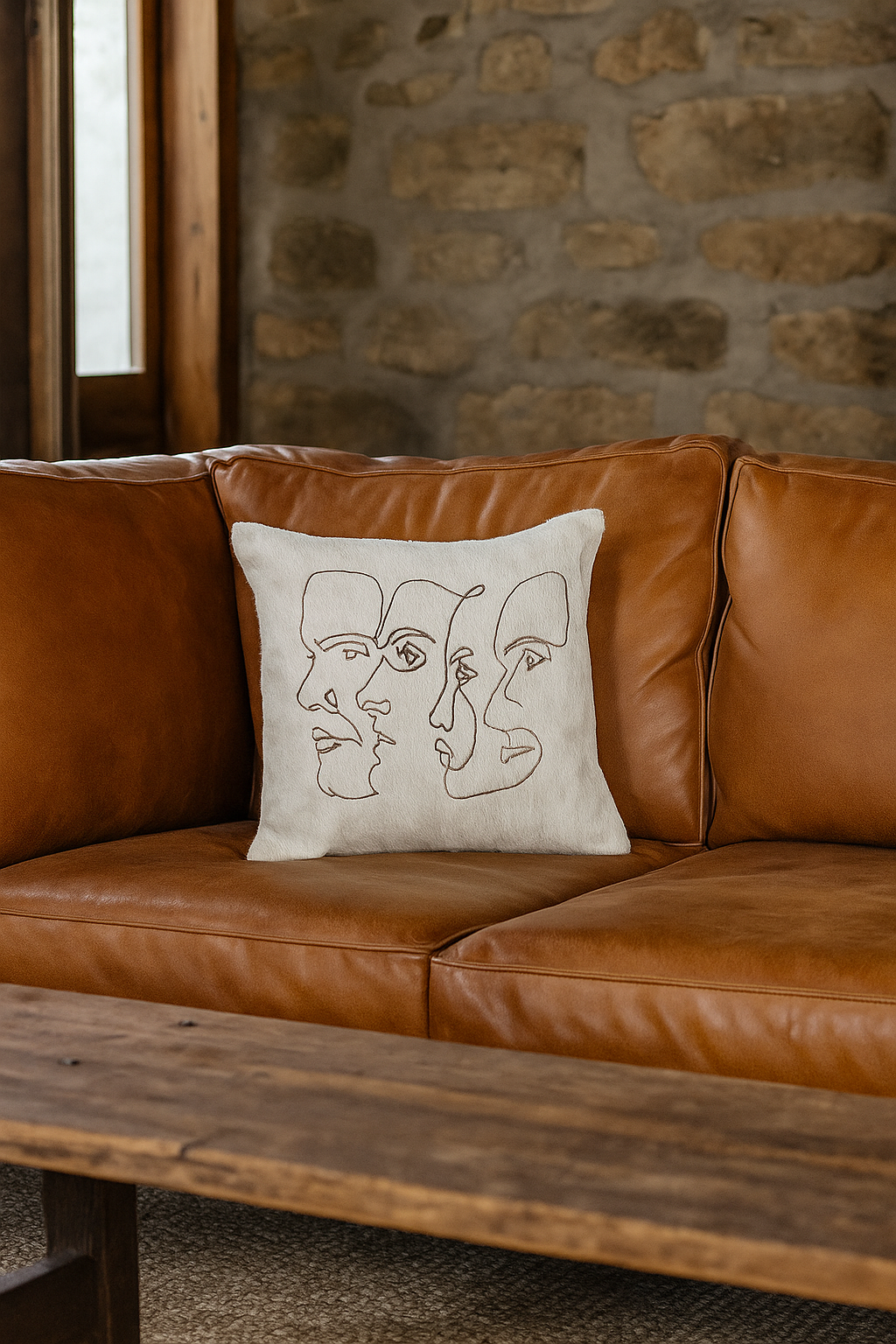 Cowhide leather cushion with artistic face motif