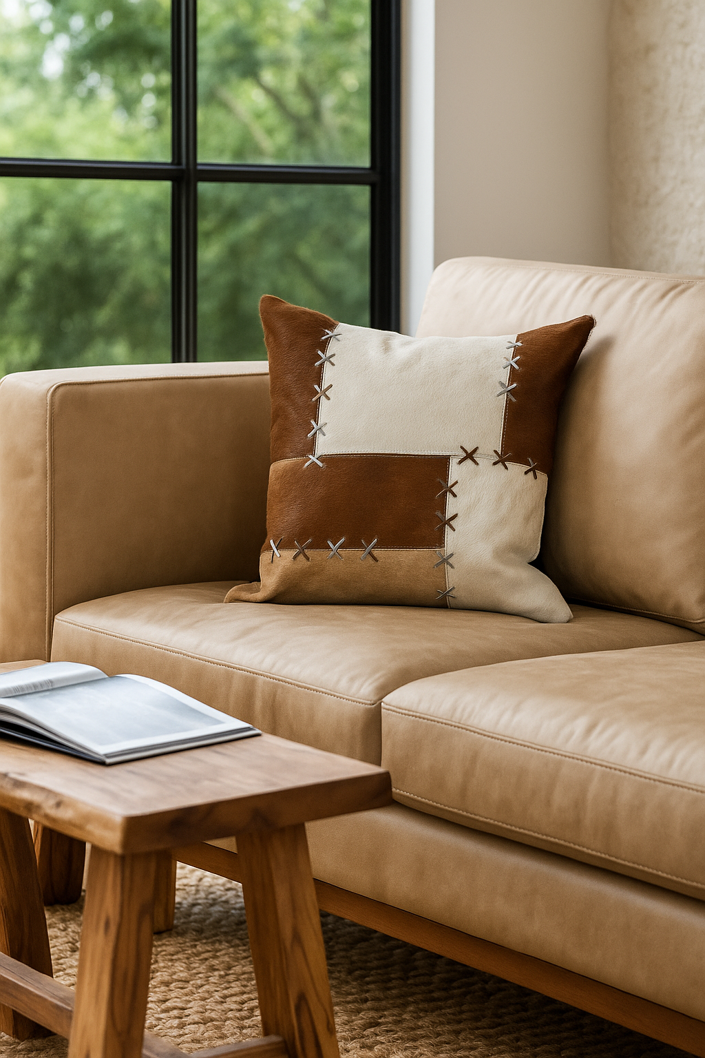 Luxe cowhide patchwork cushion for rustic home decor