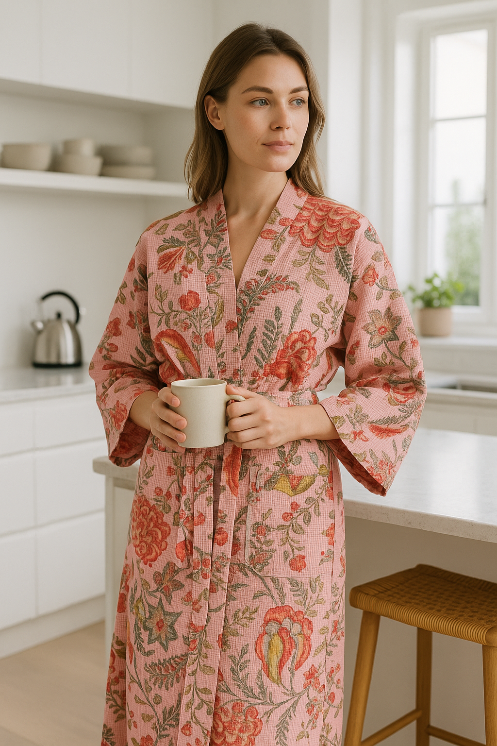 Pink waffle cotton kimono robe with floral print