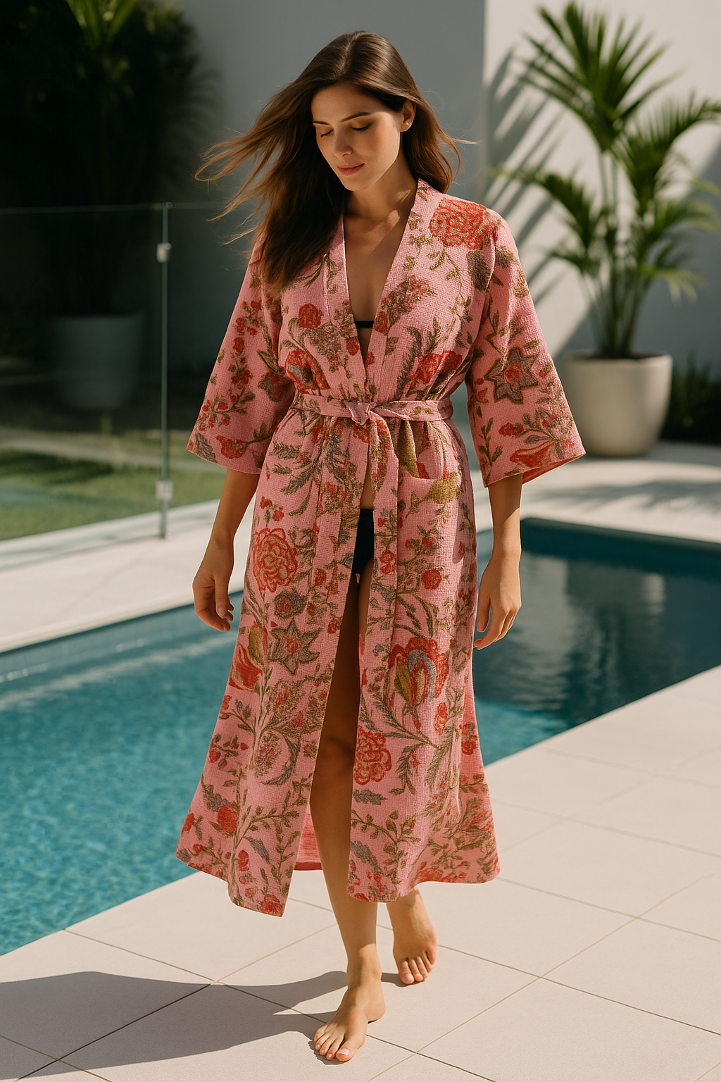 Pink cotton spa robe with hand block floral design